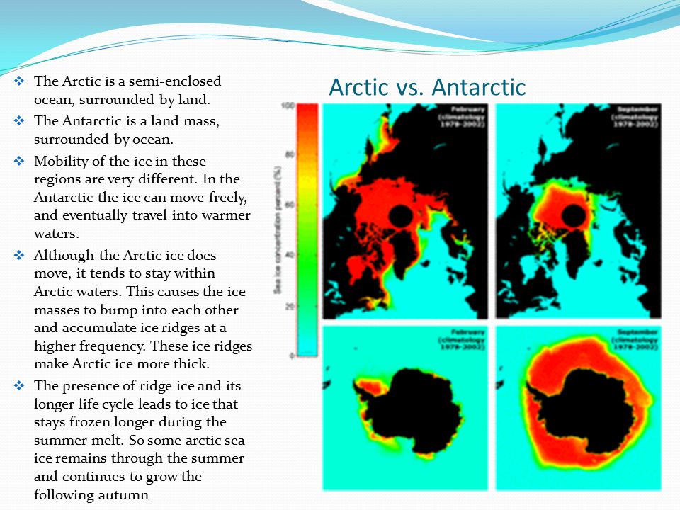 Arctic vs. Antarctic The Arctic is a semi-enclosed ocean, surrounded by land. The Antarctic is a land mass, surrounded by ocean.