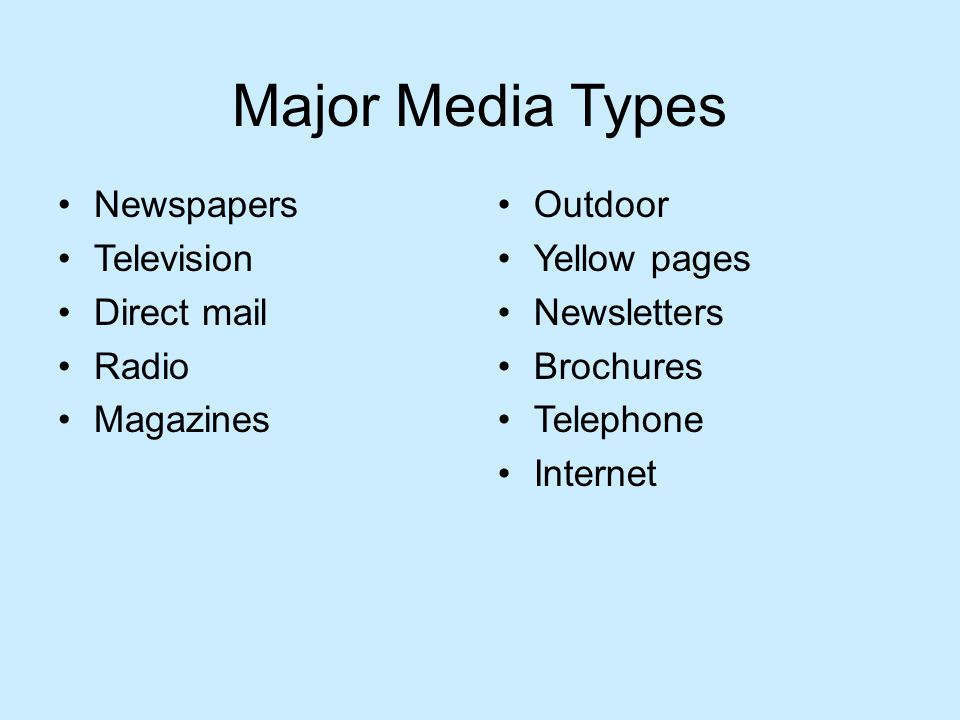 Major Media Types Newspapers Television Direct mail Radio Magazines