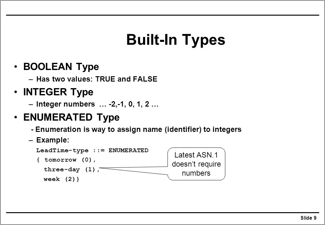 Built-In Types BOOLEAN Type INTEGER Type ENUMERATED Type