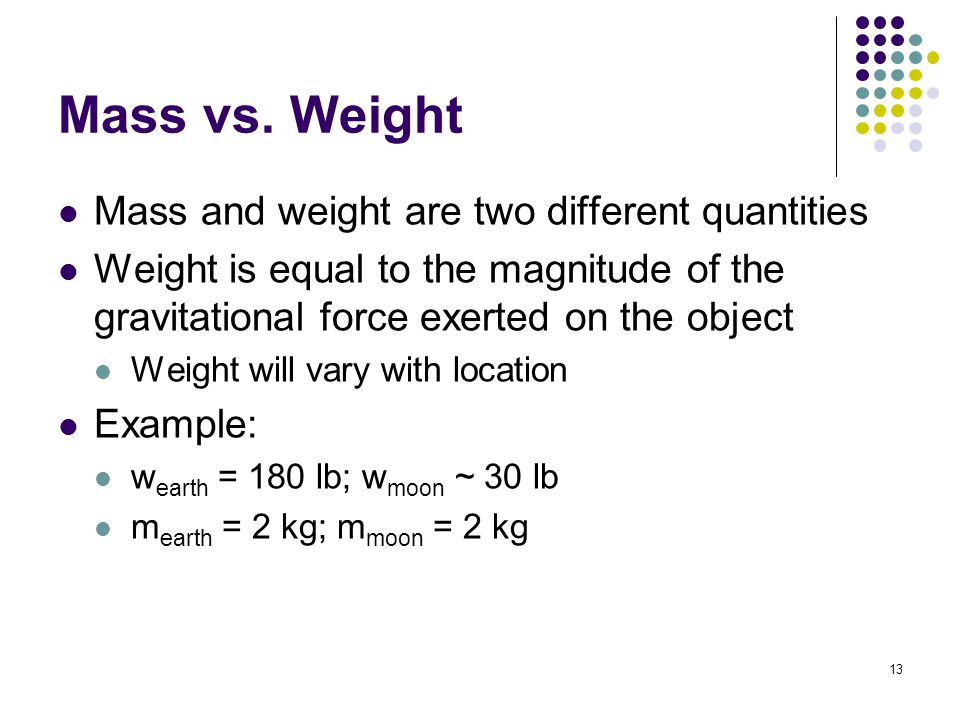 Mass vs. Weight Mass and weight are two different quantities