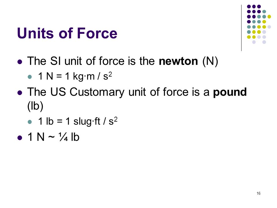 Units of Force The SI unit of force is the newton (N)