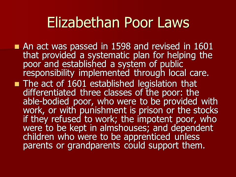 elizabethan poor law of 1601 summary