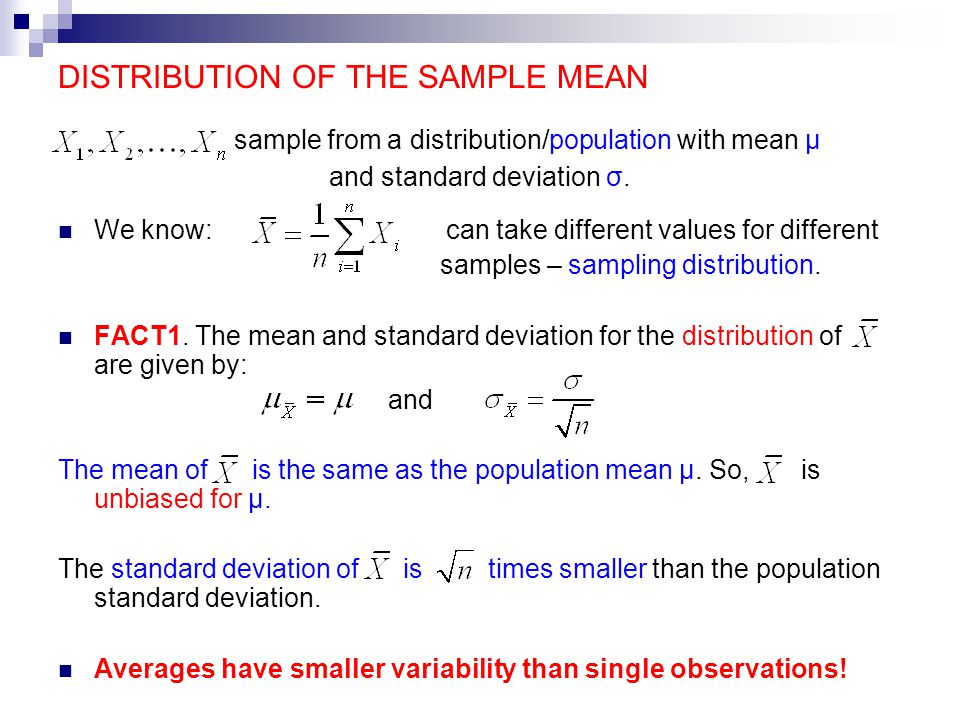 Example meaning. Distribution of Sample mean. “Sampling distribution of the Sample mean”. Standard deviation of the Sample mean. Sample mean and population mean.