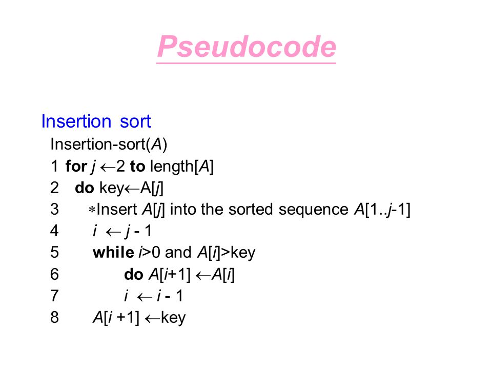 Pseudocode Insertion sort Insertion-sort(A) 1 for j 2 to length[A]