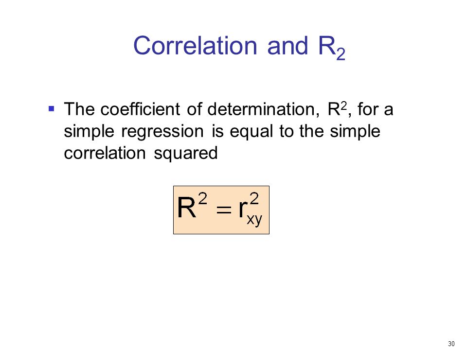 Correlation and R2 The coefficient of determination, R2, for a simple regression is equal to the simple correlation squared.
