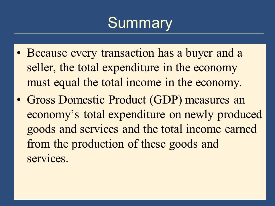 Summary Because every transaction has a buyer and a seller, the total expenditure in the economy must equal the total income in the economy.