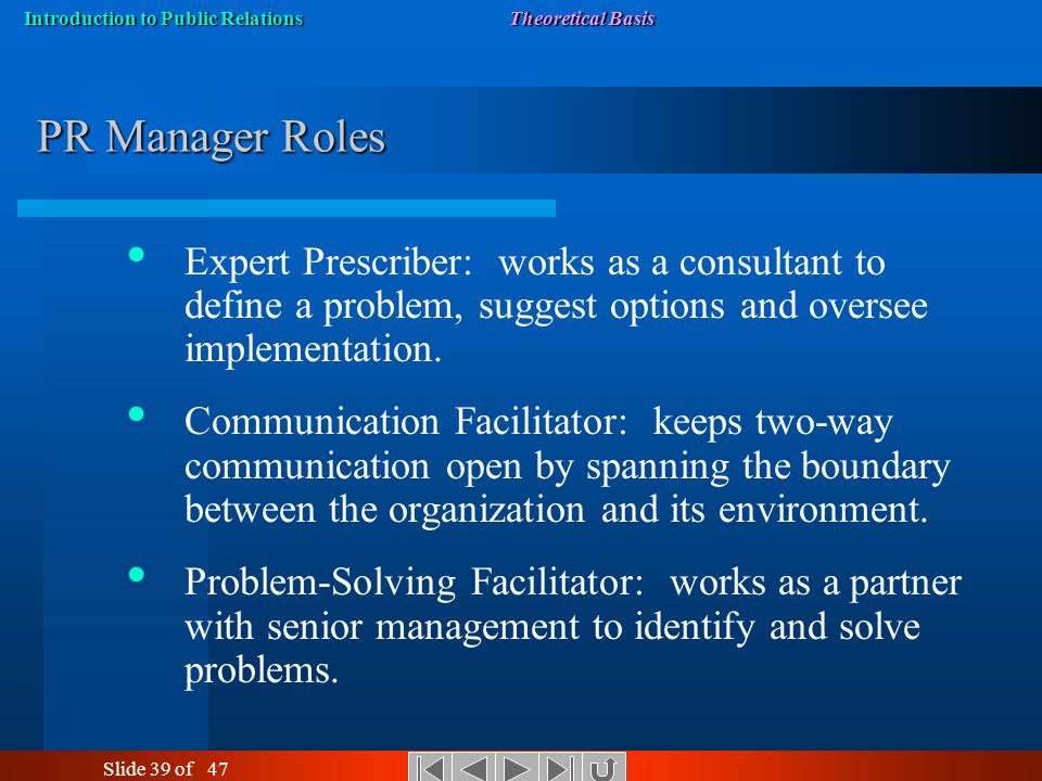 PR Manager Roles Expert Prescriber: works as a consultant to define a problem, suggest options and oversee implementation.