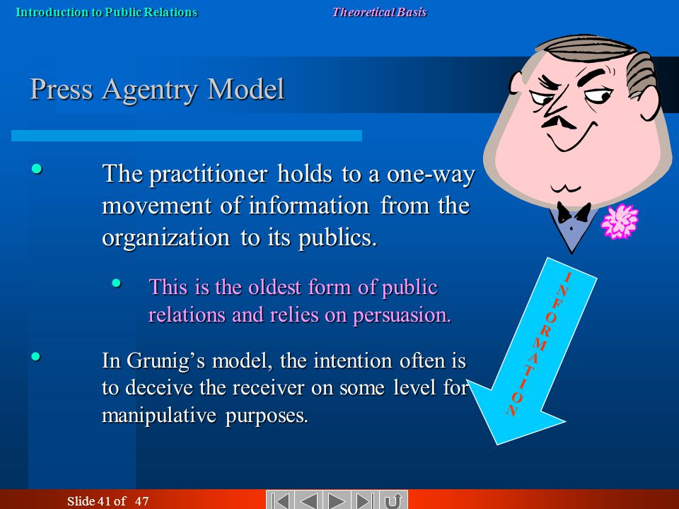 Press Agentry Model The practitioner holds to a one-way movement of information from the organization to its publics.