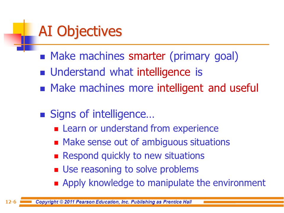 AI Objectives Make machines smarter (primary goal)