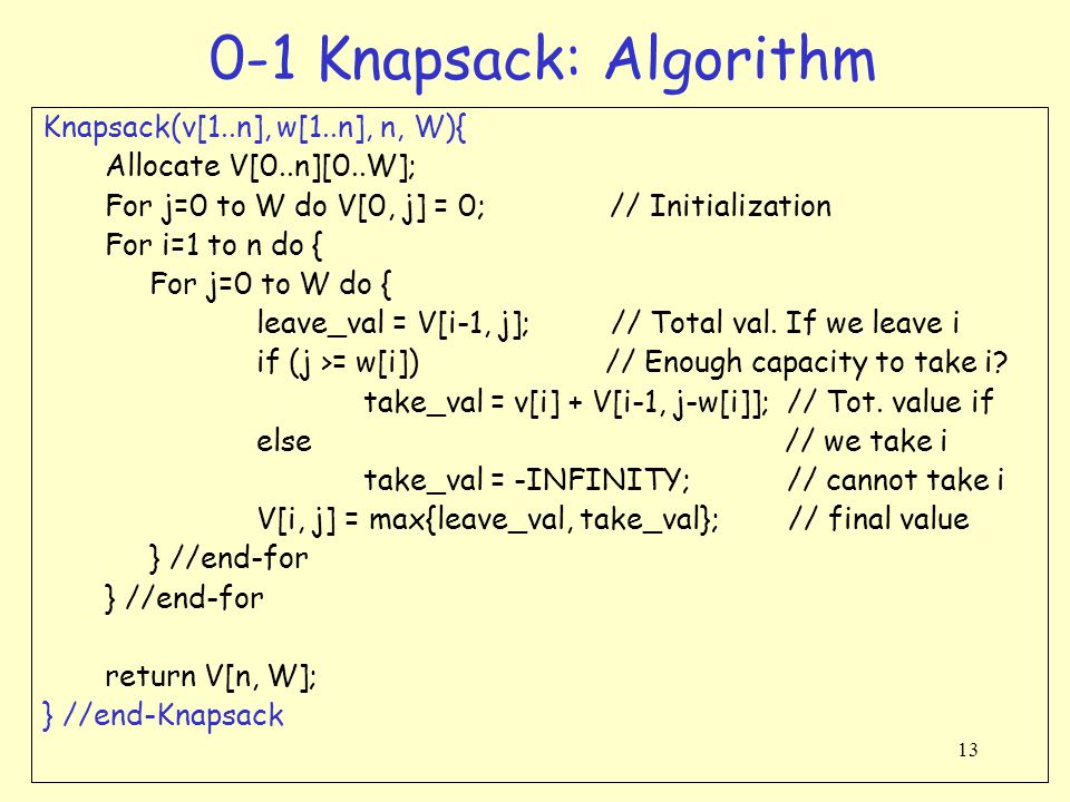 0 1 Knapsack Problem A Burglar Breaks Into A Museum And Finds N Items Let V I Denote The Value Of Ith Item And Let W I Denote The Weight Of The Ith Ppt