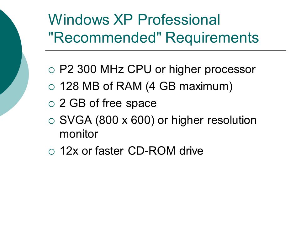 Windows XP Professional Recommended Requirements