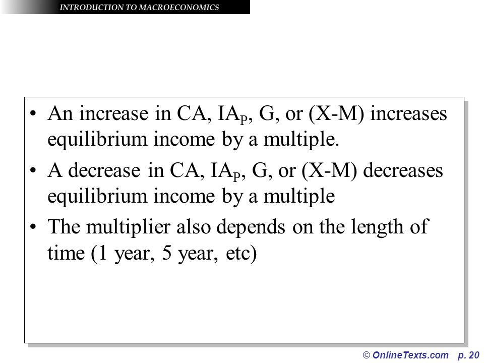 An increase in CA, IAP, G, or (X-M) increases equilibrium income by a multiple.