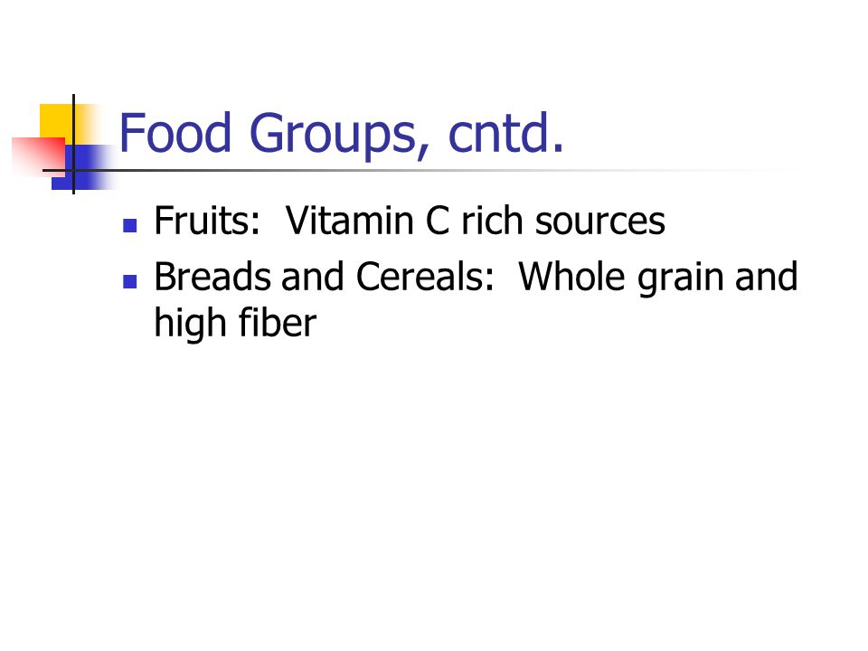 Food Groups, cntd. Fruits: Vitamin C rich sources