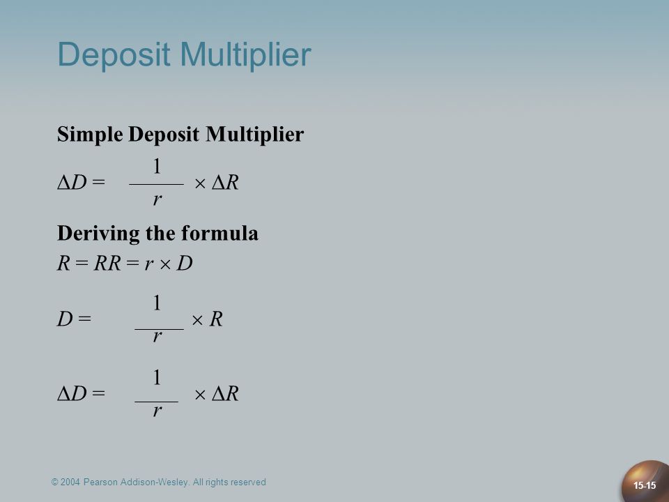 Deposit Multiplier Simple Deposit Multiplier 1 D =  R r