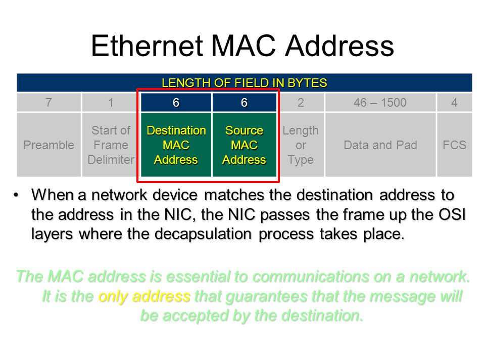 Ethernet MAC Address LENGTH OF FIELD IN BYTES – Preamble. Start of Frame Delimiter.