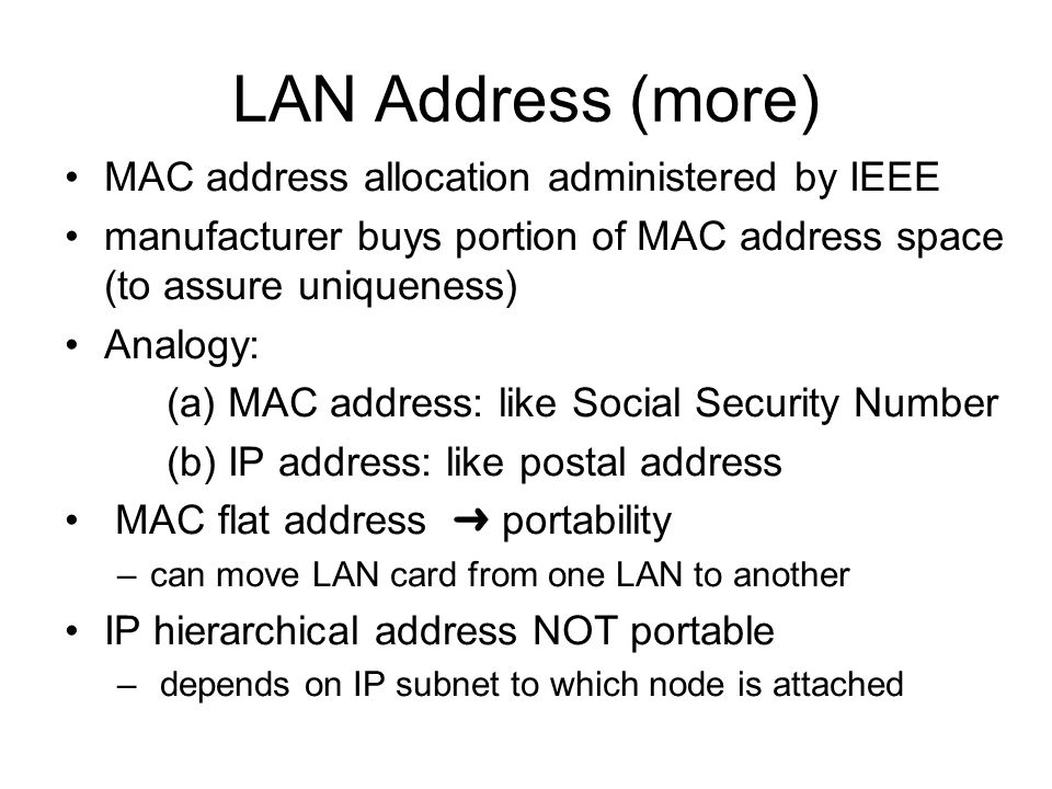 LAN Address (more) MAC address allocation administered by IEEE