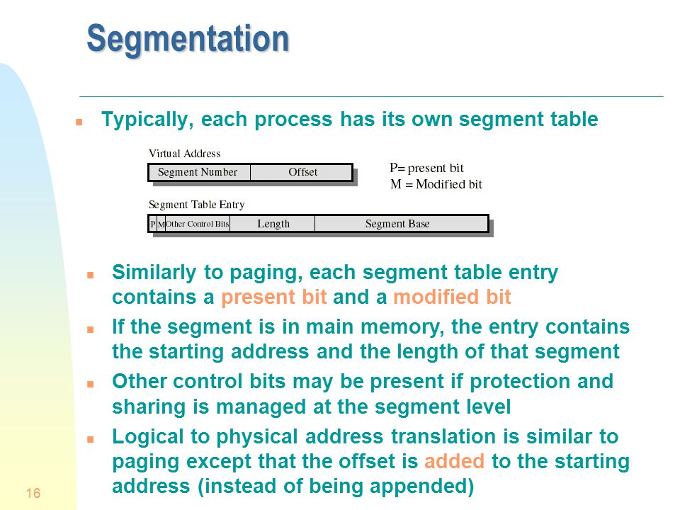 Segmentation Typically, each process has its own segment table