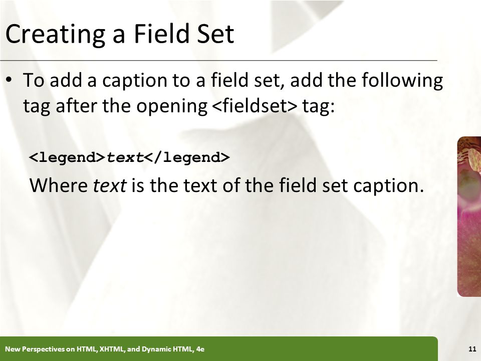 Creating a Field Set To add a caption to a field set, add the following tag after the opening <fieldset> tag: