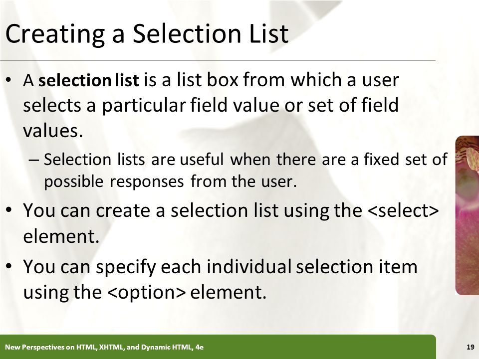 Creating a Selection List