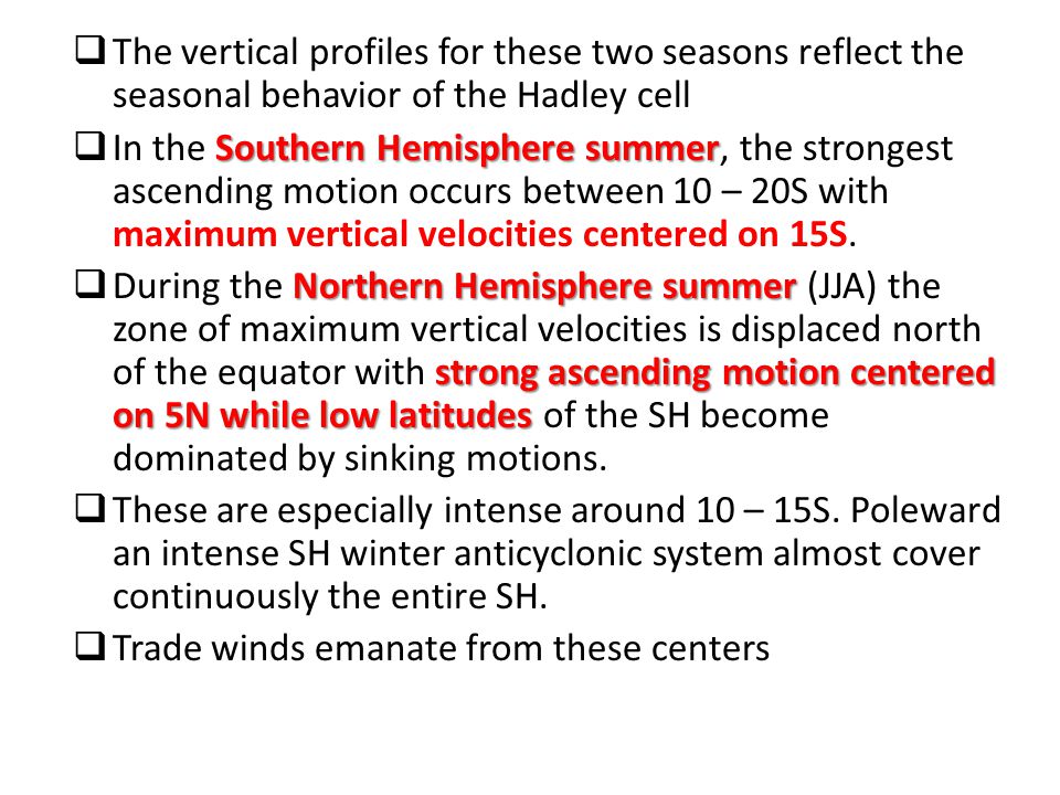 The vertical profiles for these two seasons reflect the seasonal behavior of the Hadley cell