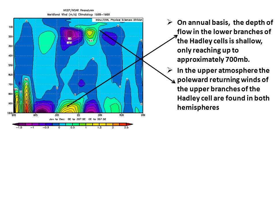 On annual basis, the depth of flow in the lower branches of the Hadley cells is shallow, only reaching up to approximately 700mb.