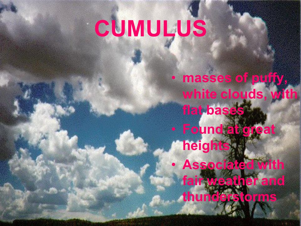 CUMULUS masses of puffy, white clouds, with flat bases