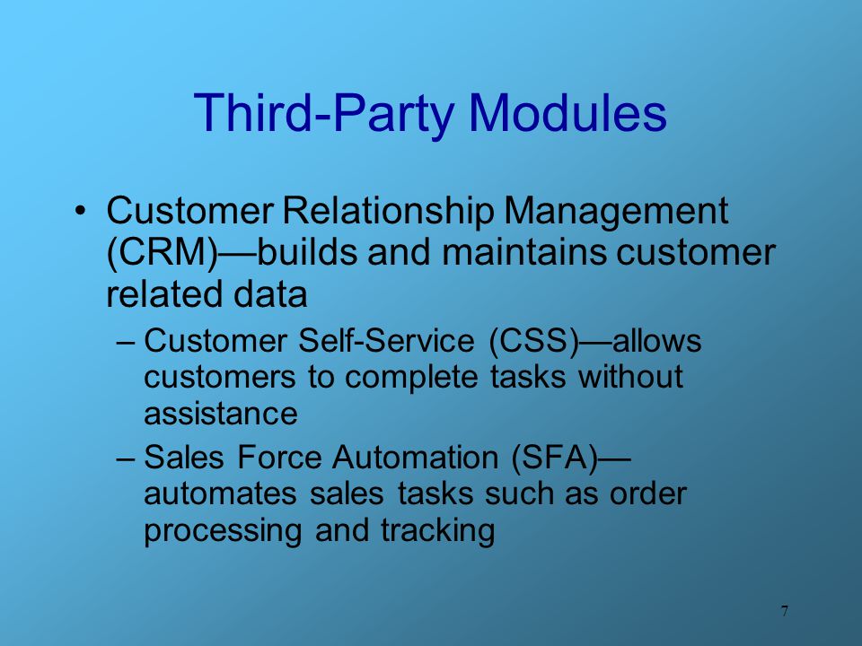Third-Party Modules Customer Relationship Management (CRM)—builds and maintains customer related data.