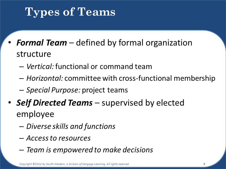 Types of Teams Formal Team – defined by formal organization structure