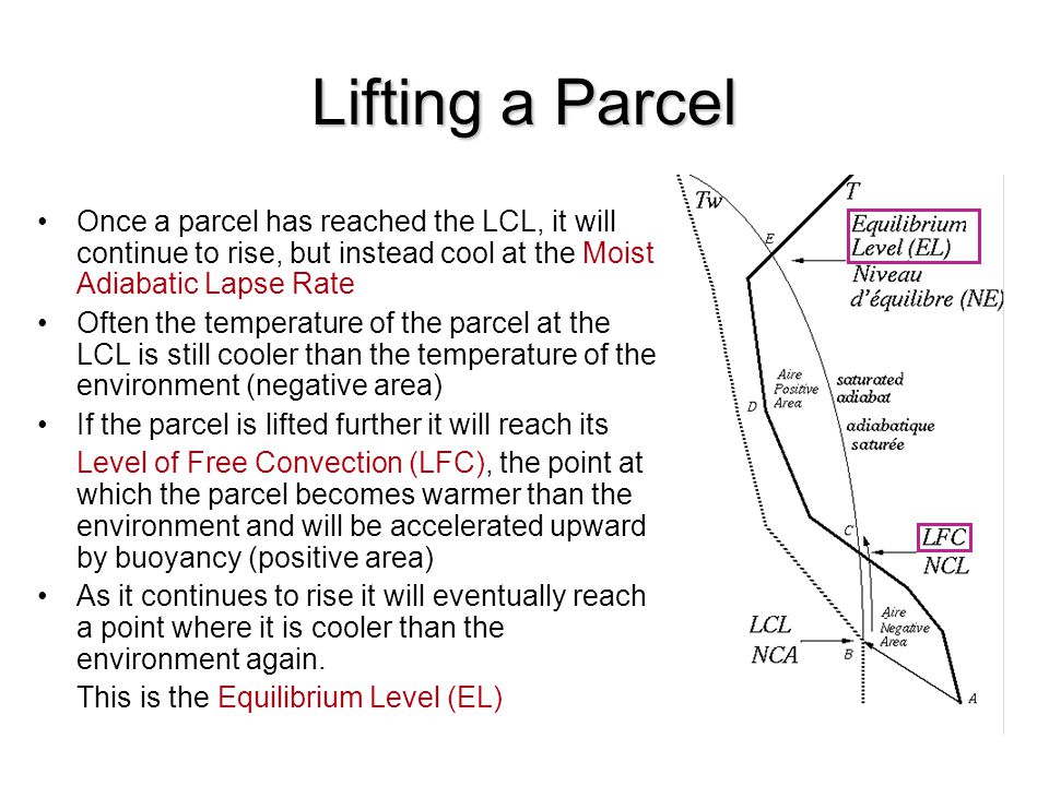 Lifting a Parcel Once a parcel has reached the LCL, it will continue to rise, but instead cool at the Moist Adiabatic Lapse Rate.