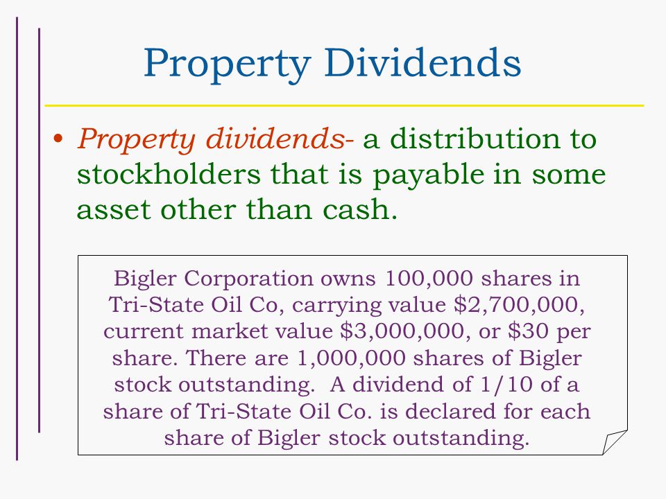Property Dividends Property dividends- a distribution to stockholders that is payable in some asset other than cash.
