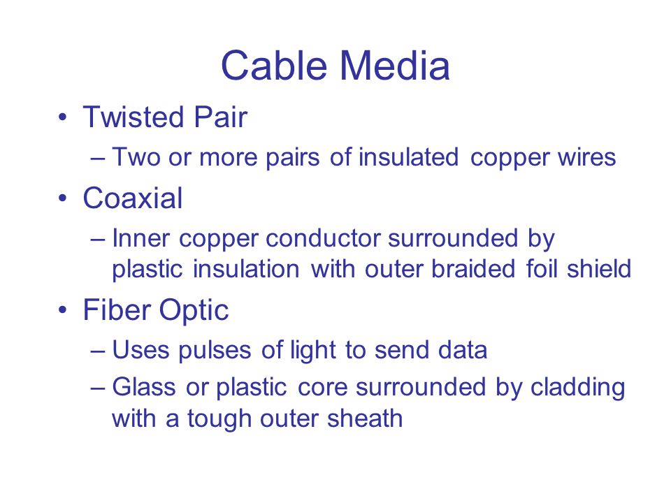 Cable Media Twisted Pair Coaxial Fiber Optic