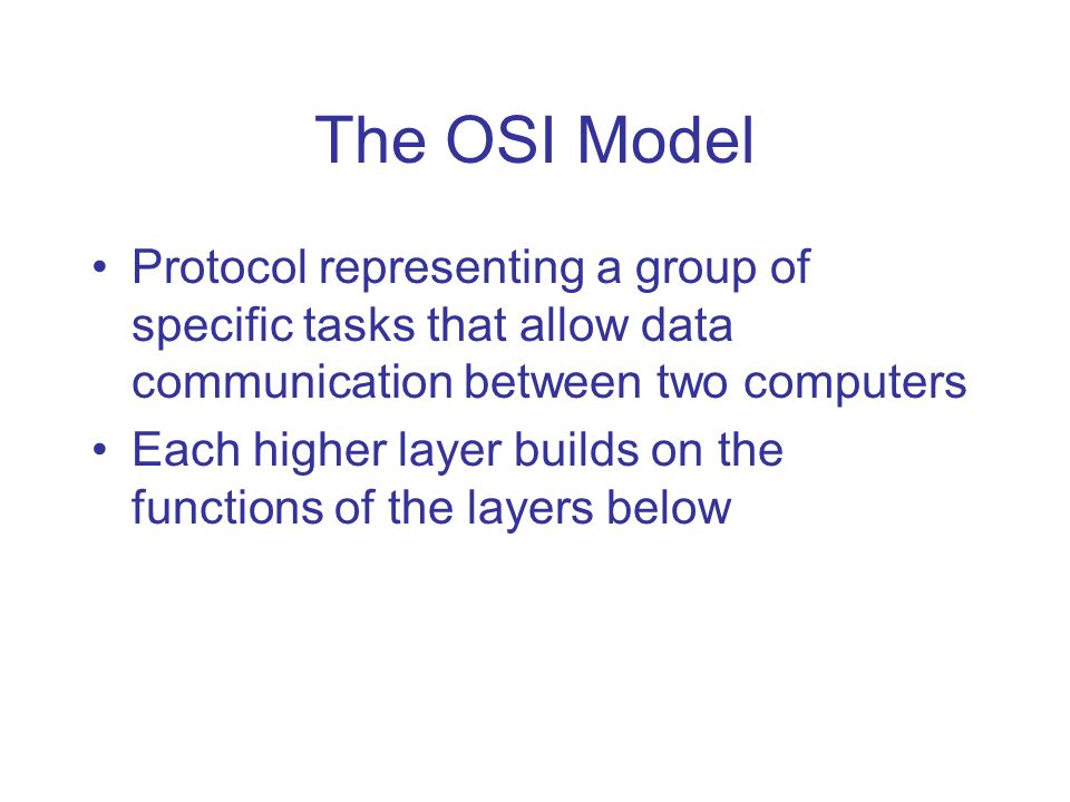 Chapter 5 Telecommunications. The OSI Model. Protocol representing a group of specific tasks that allow data communication between two computers.