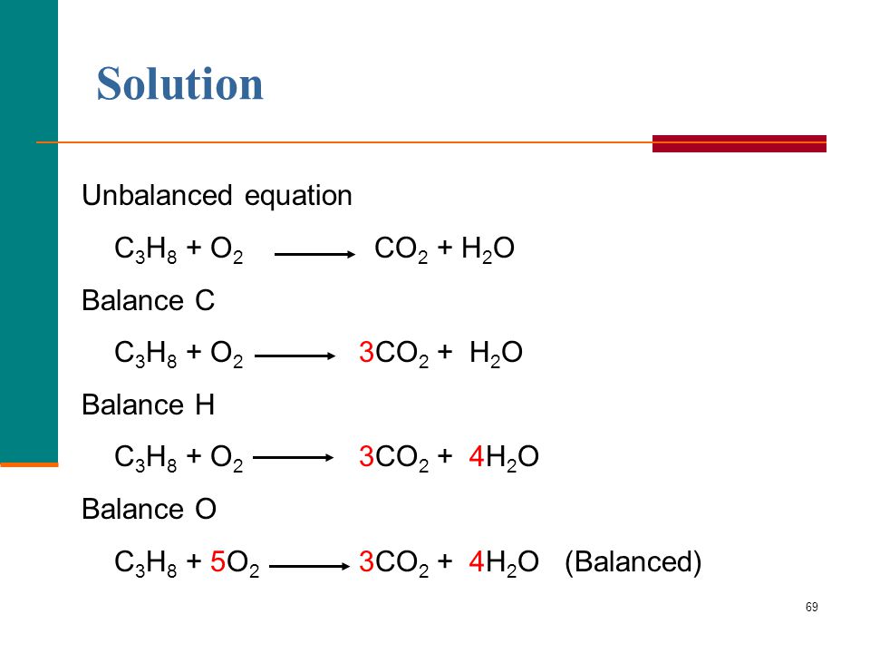 Solution Unbalanced equation C3H8 + O2 CO2 + H2O Balance C.