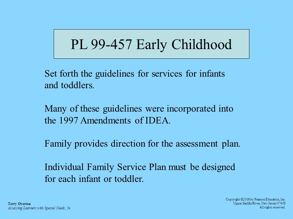 PL Early Childhood Set forth the guidelines for services for infants. and toddlers. Many of these guidelines were incorporated into.
