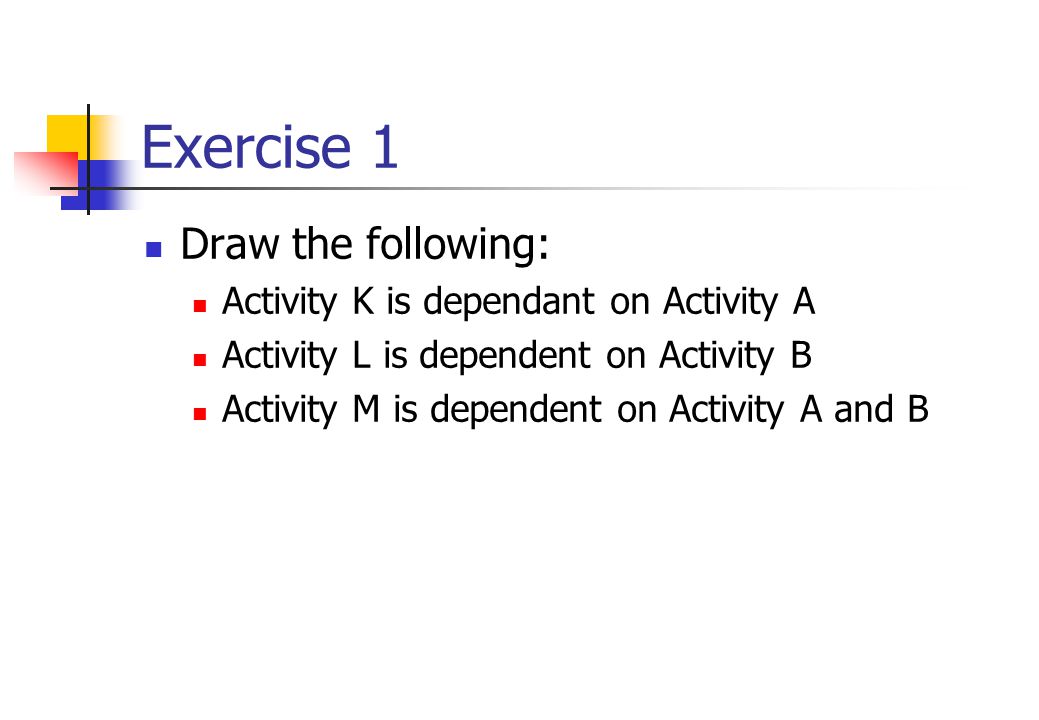 Exercise 1 Draw the following: Activity K is dependant on Activity A