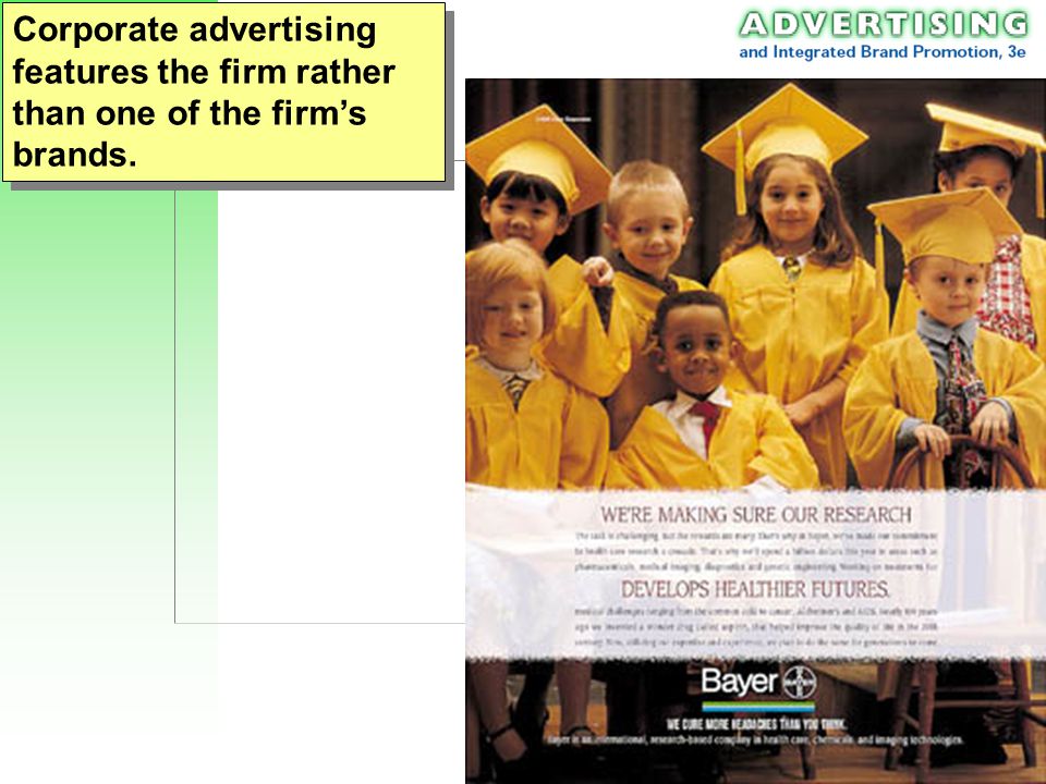 Corporate advertising features the firm rather than one of the firm’s brands.