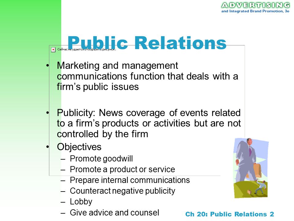 Public Relations Marketing and management communications function that deals with a firm’s public issues.