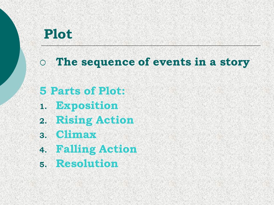 Plot The sequence of events in a story 5 Parts of Plot: Exposition