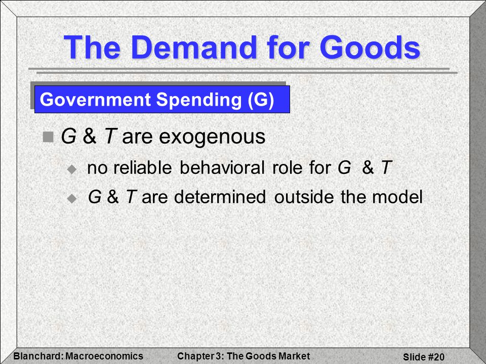 The Demand for Goods G & T are exogenous Government Spending (G)