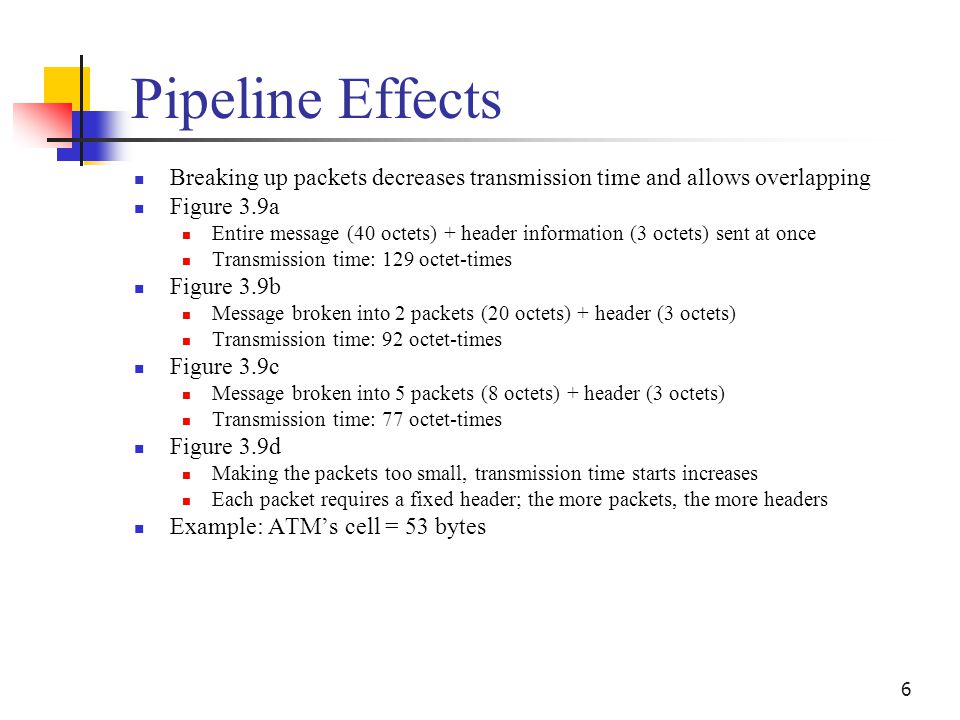 Pipeline Effects Breaking up packets decreases transmission time and allows overlapping. Figure 3.9a.