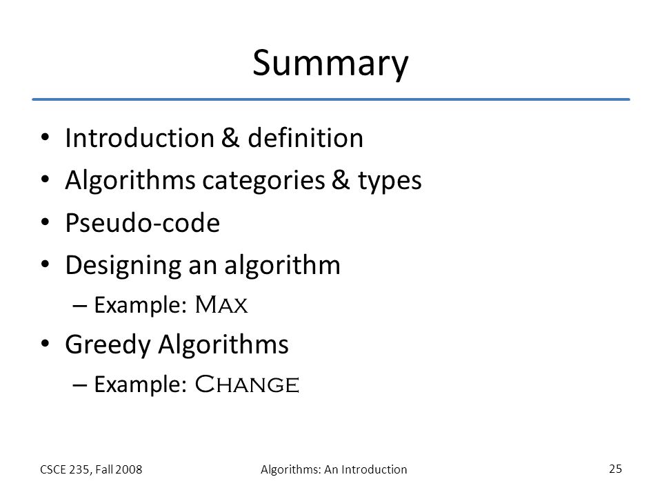 Summary Introduction & definition Algorithms categories & types