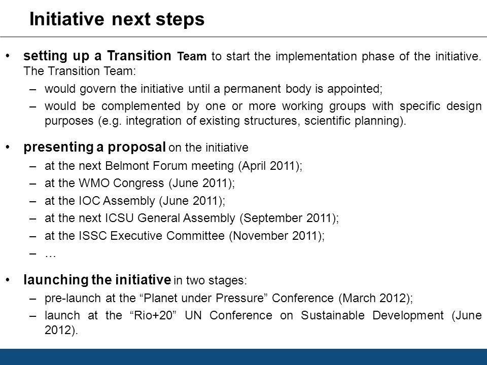 Initiative next steps setting up a Transition Team to start the implementation phase of the initiative. The Transition Team: