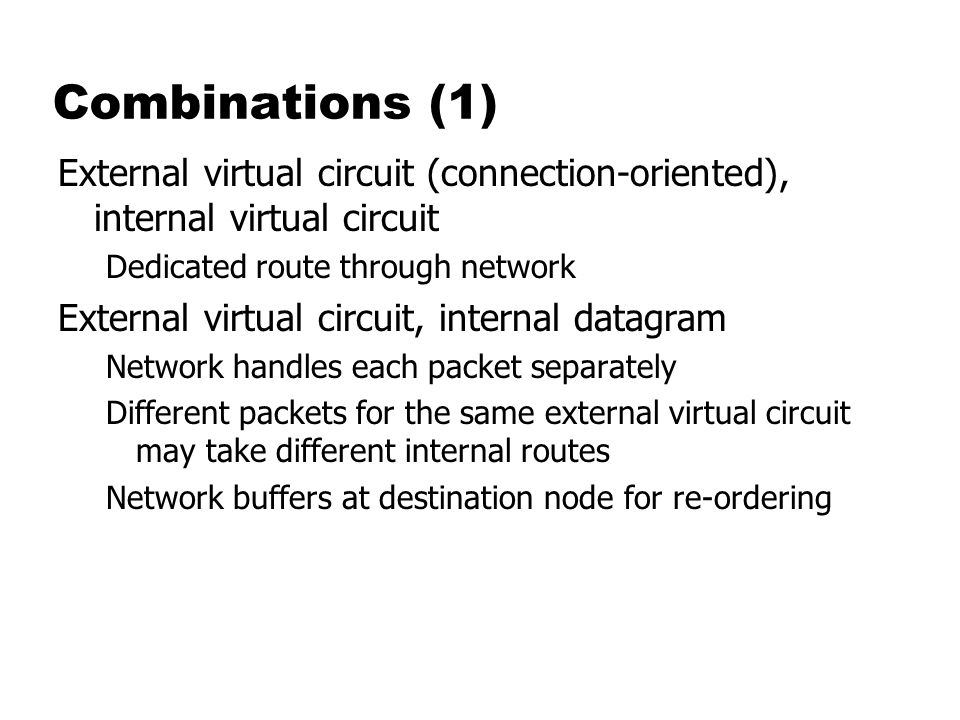Combinations (1) External virtual circuit (connection-oriented), internal virtual circuit. Dedicated route through network.