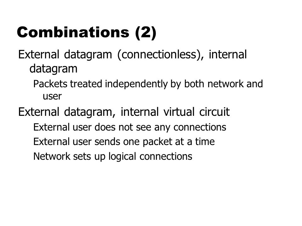 Combinations (2) External datagram (connectionless), internal datagram