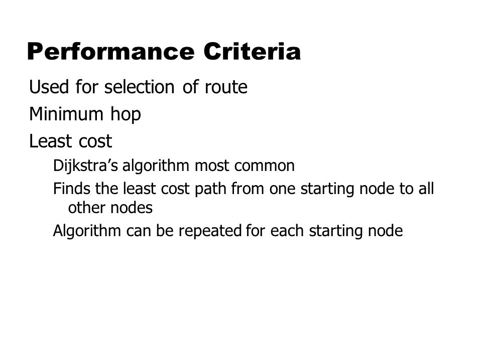 Performance Criteria Used for selection of route Minimum hop