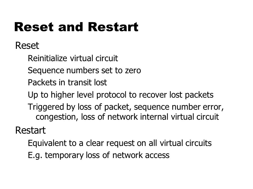 Reset and Restart Reset Restart Reinitialize virtual circuit