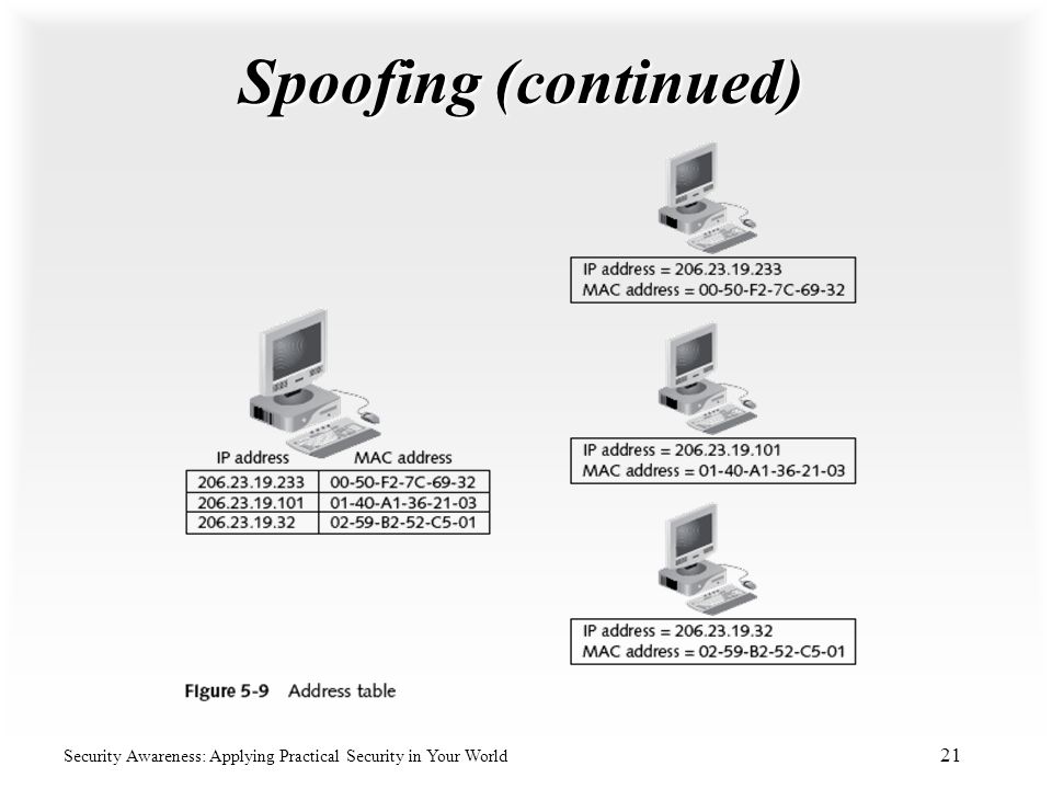Spoofing (continued) Security Awareness: Applying Practical Security in Your World