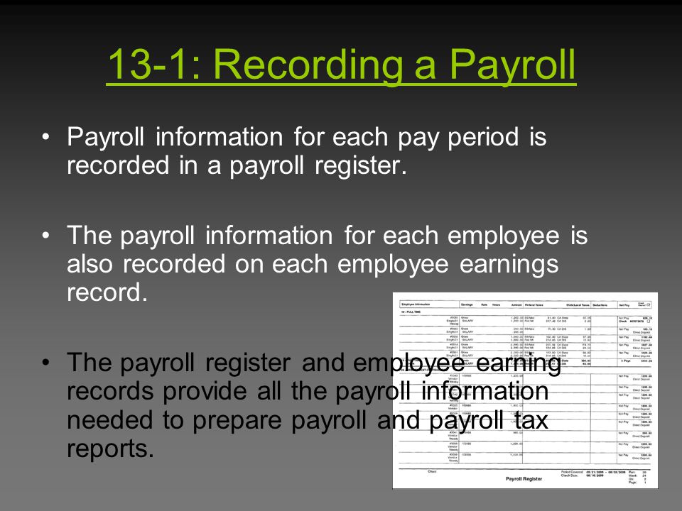13-1: Recording a Payroll Payroll information for each pay period is recorded in a payroll register.