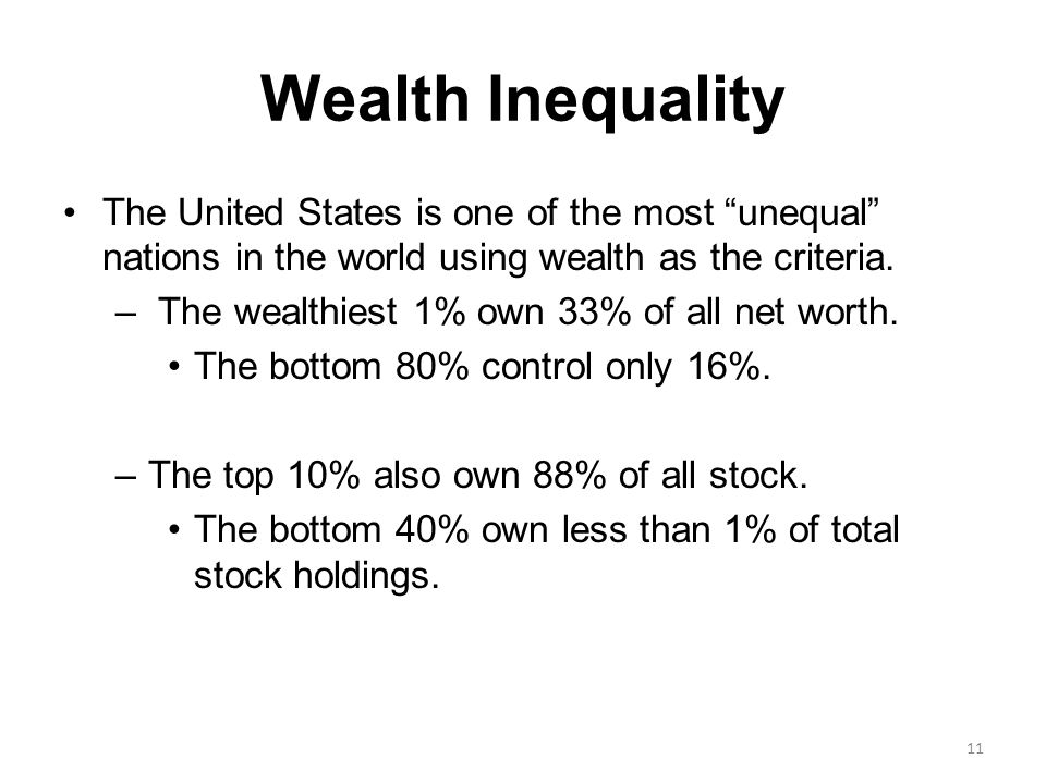 Wealth Inequality The United States is one of the most unequal nations in the world using wealth as the criteria.