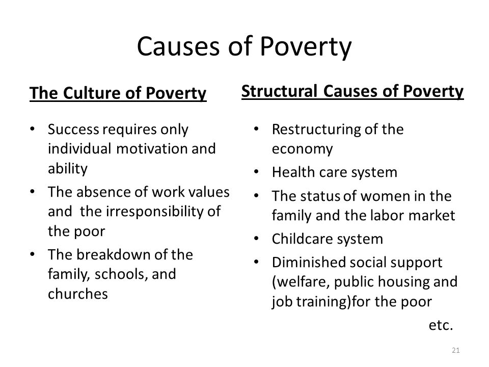 Causes of Poverty The Culture of Poverty Structural Causes of Poverty